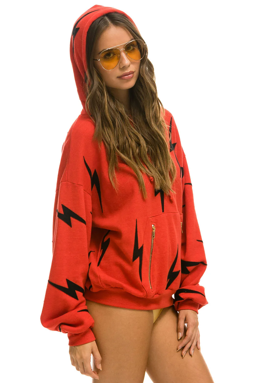 BOLT STITCH REPEAT RELAXED PULLOVER HOODIE WITH POCKET ZIPPERS - RED // BLACK