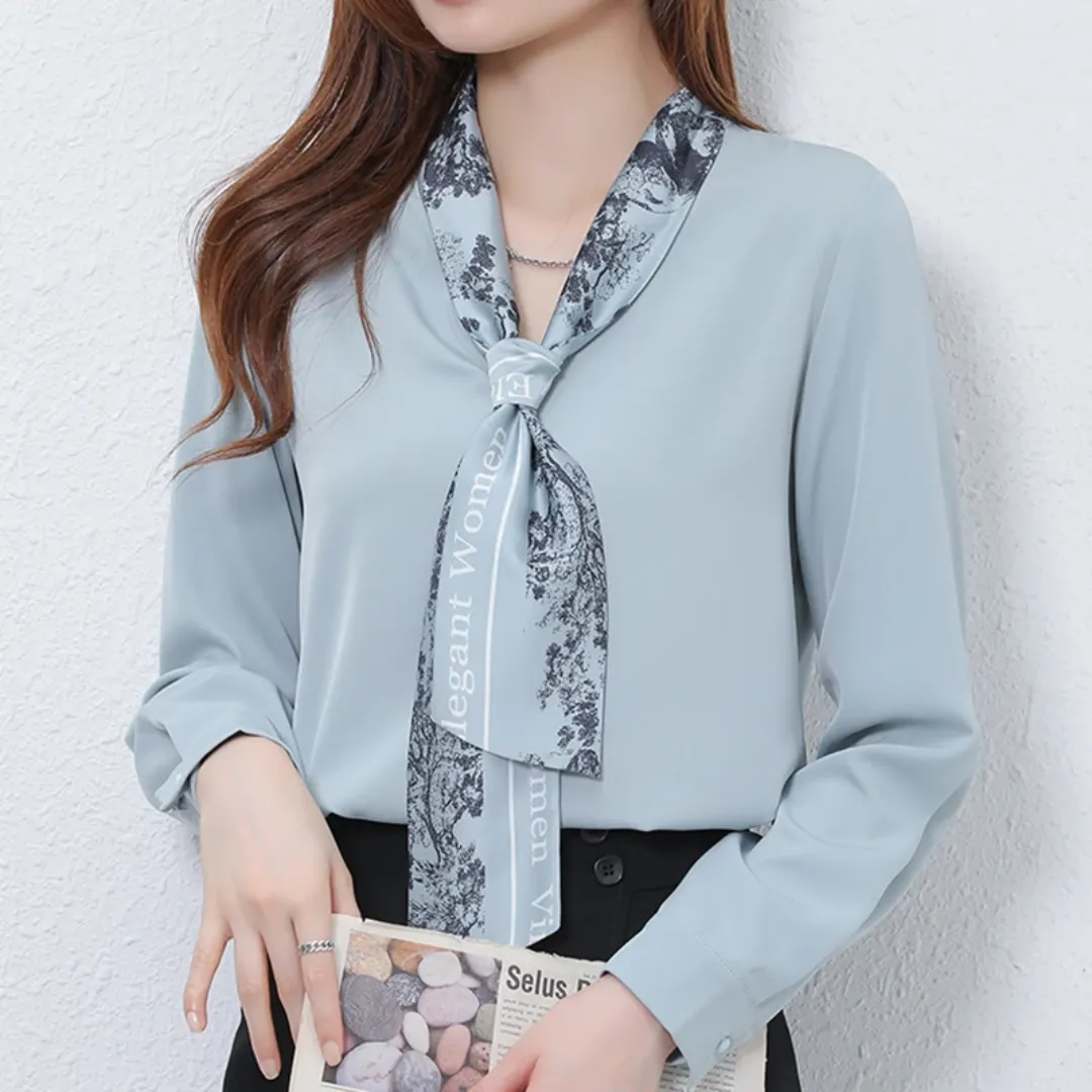 Bow V Neck Chiffon Blouse Women's Office Top - Long Sleeve Pullover