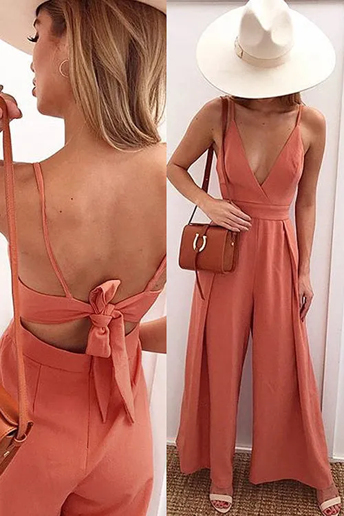 Bowknot-back Wide-leg V-neck Jumpsuit - 3 Colors