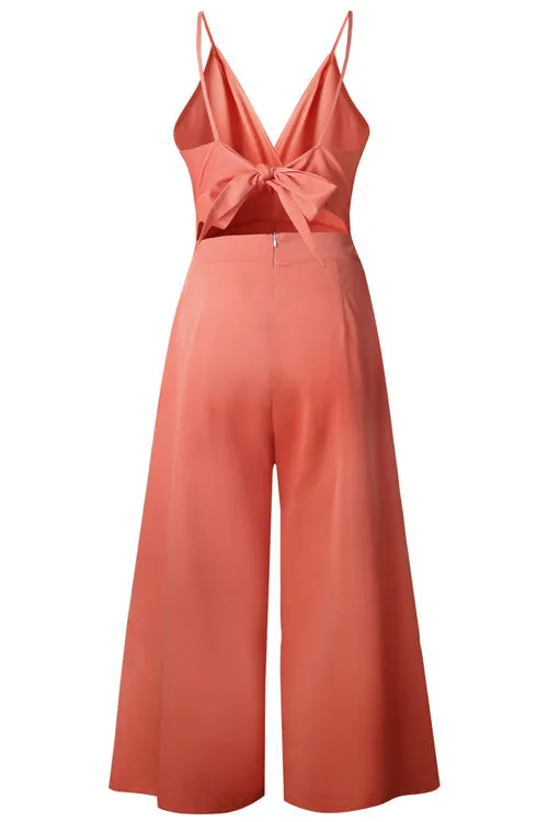 Bowknot-back Wide-leg V-neck Jumpsuit - 3 Colors