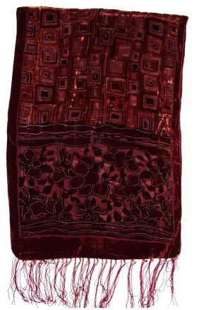 Brown   Red with Leaf   Rectangular Pattern Devore Velvet Scarf (156 x 54cm)