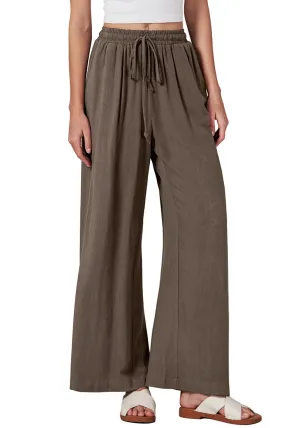 Brown Relaxed Fit High Waisted Elastic Waist Wide Leg Drawstring Pocket Pant