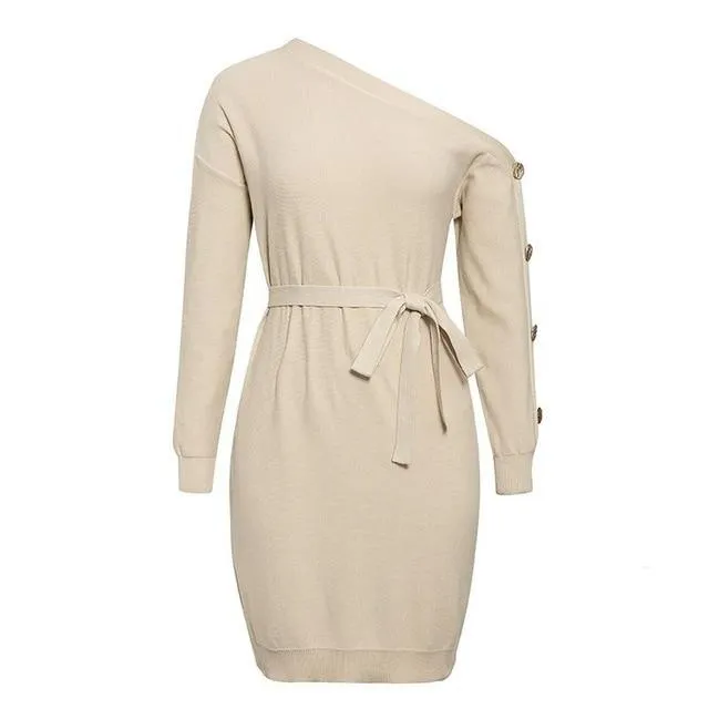 Casual Knitted Pullover Autumn Winter One Shoulder Buttons Loose Midi Elegant Belted Knitting Dress