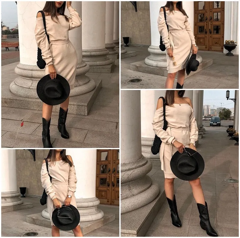 Casual Knitted Pullover Autumn Winter One Shoulder Buttons Loose Midi Elegant Belted Knitting Dress