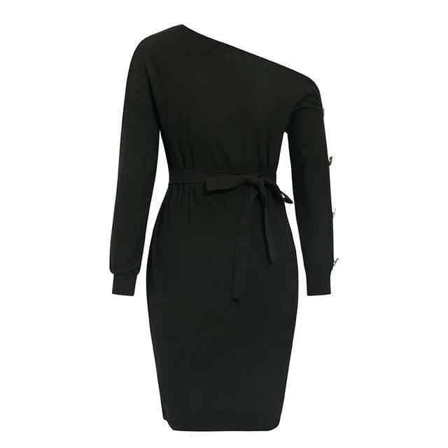 Casual Knitted Pullover Autumn Winter One Shoulder Buttons Loose Midi Elegant Belted Knitting Dress