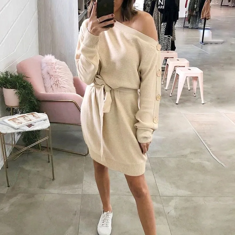 Casual Knitted Pullover Autumn Winter One Shoulder Buttons Loose Midi Elegant Belted Knitting Dress