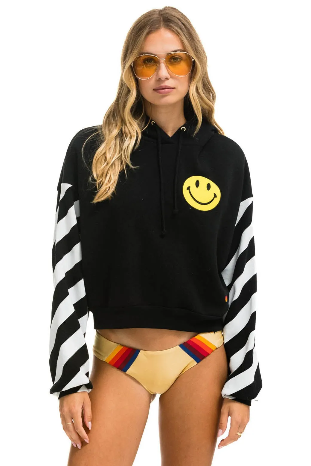 CAUTION STRIPE SLEEVE SMILEY 2 EMBROIDERY RELAXED CROPPED PULLOVER HOODIE - BLACK // WHITE