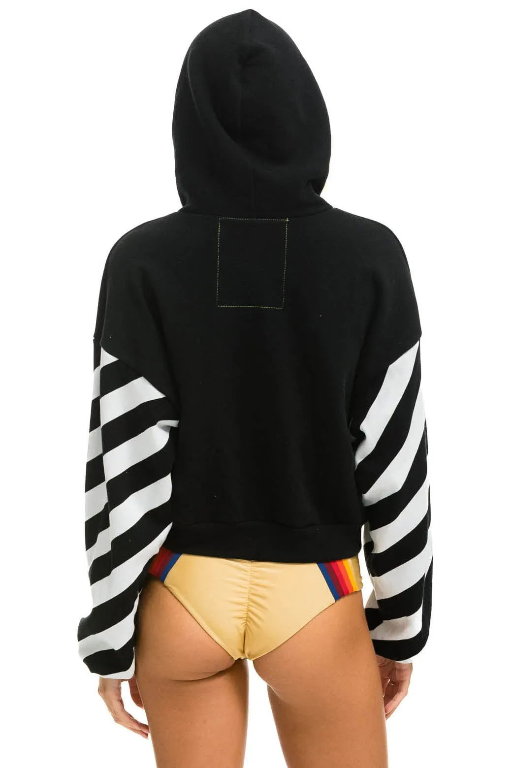 CAUTION STRIPE SLEEVE SMILEY 2 EMBROIDERY RELAXED CROPPED PULLOVER HOODIE - BLACK // WHITE