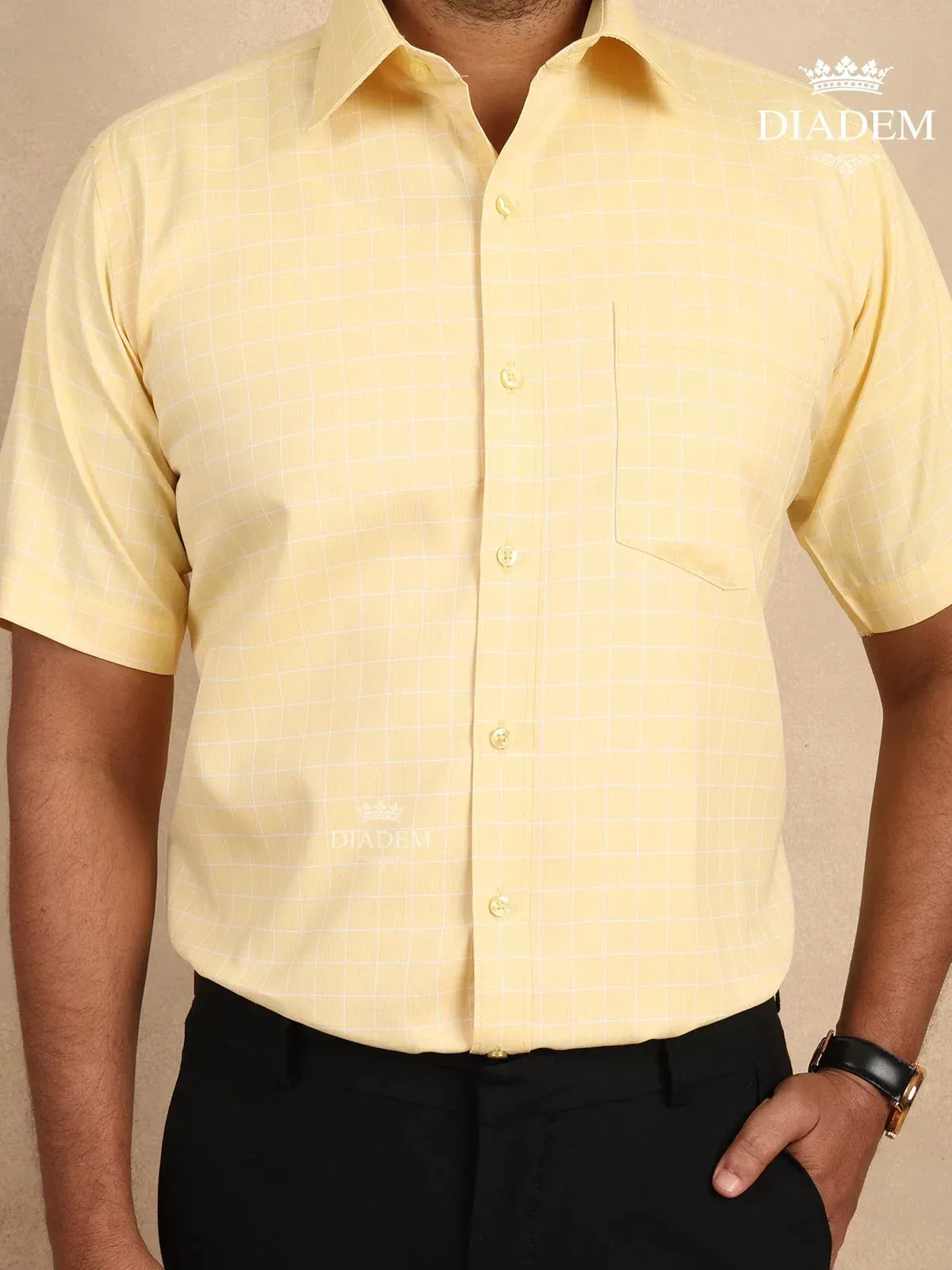 Checked Light Yellow Cotton Half Sleeve Shirt