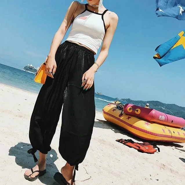 Chiffon Summer Light Pink Black Elegant Pants