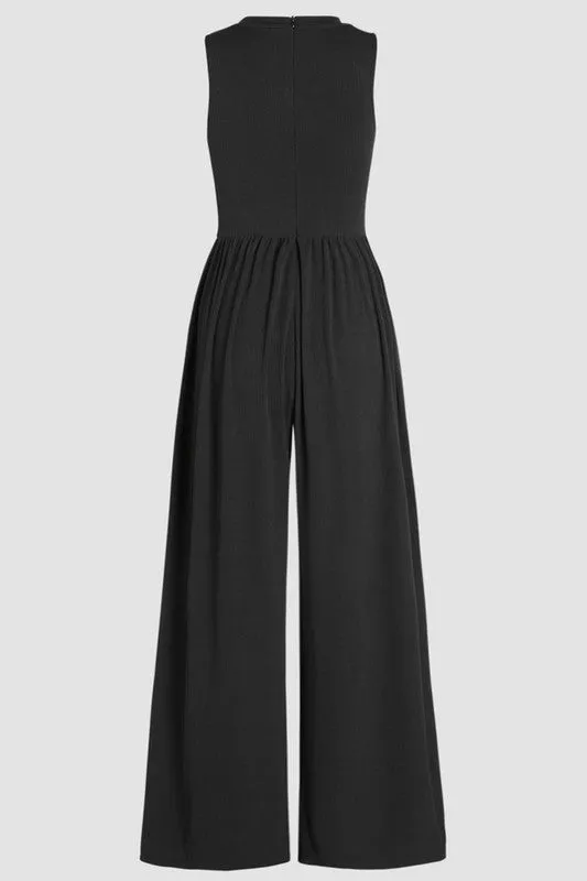 *Cinched Waist Sleeveless Wide Leg Jumpsuit