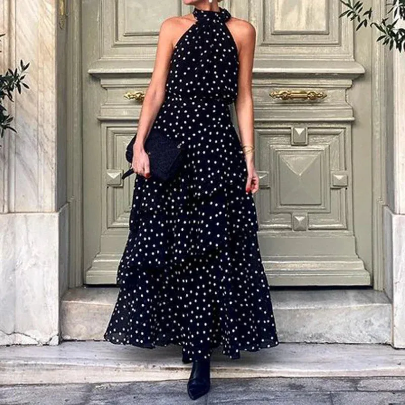 Cold Shoulder Layered Ruffles Slim Chic Waist Elegant Polka Dot Halter Floral Fashion Dress