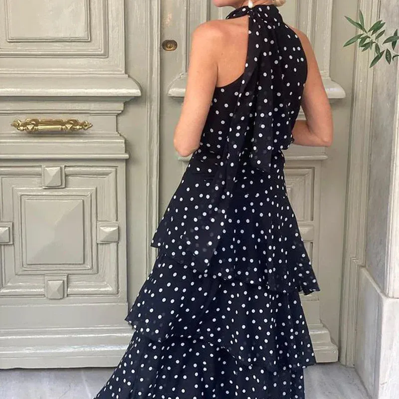 Cold Shoulder Layered Ruffles Slim Chic Waist Elegant Polka Dot Halter Floral Fashion Dress