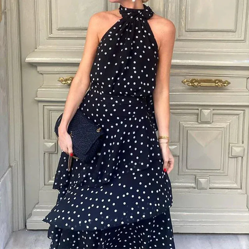 Cold Shoulder Layered Ruffles Slim Chic Waist Elegant Polka Dot Halter Floral Fashion Dress