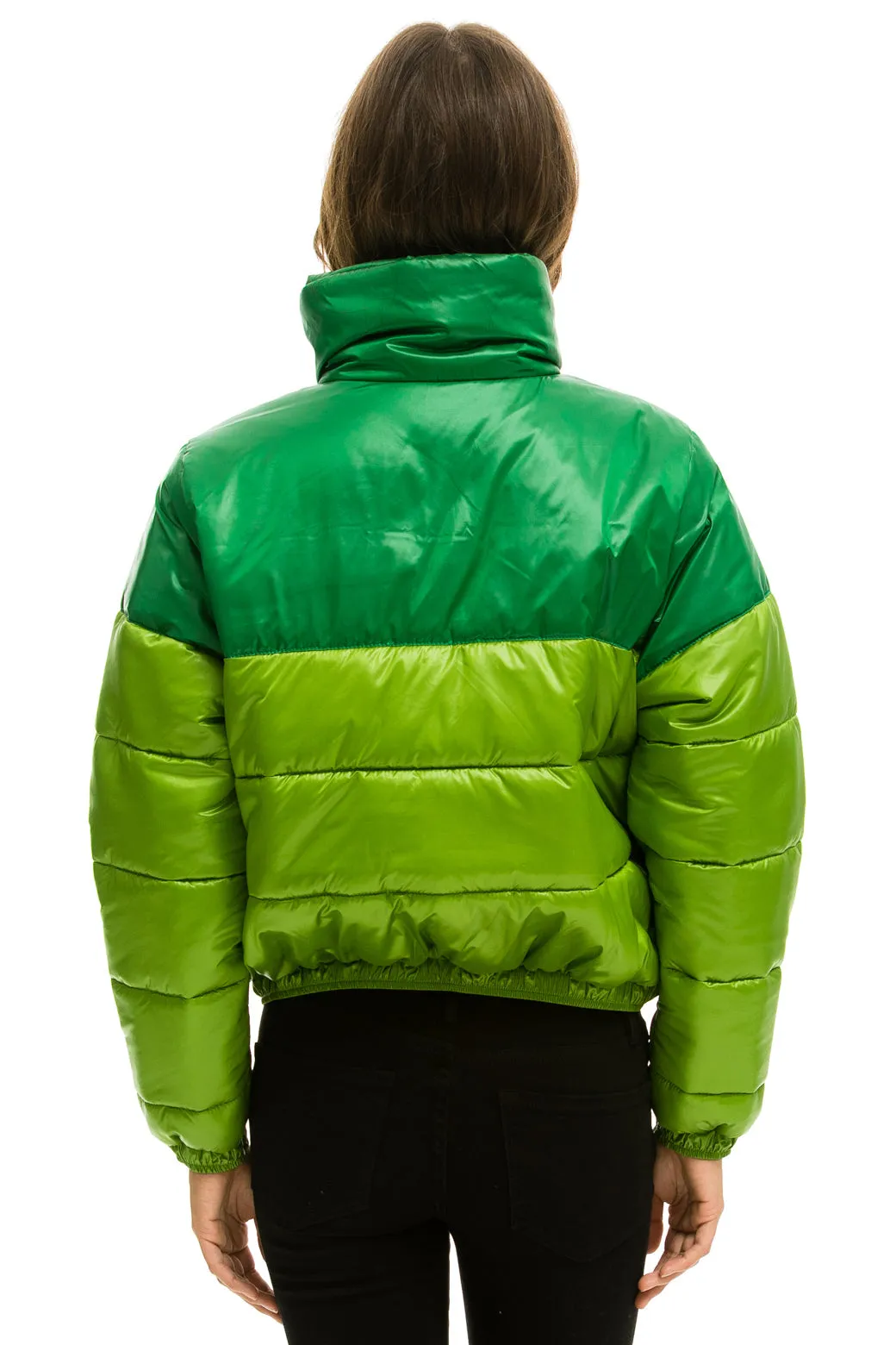 COLOR BLOCK HALF AND HALF APRES PUFFER JACKET - AMAZON GLOSSY