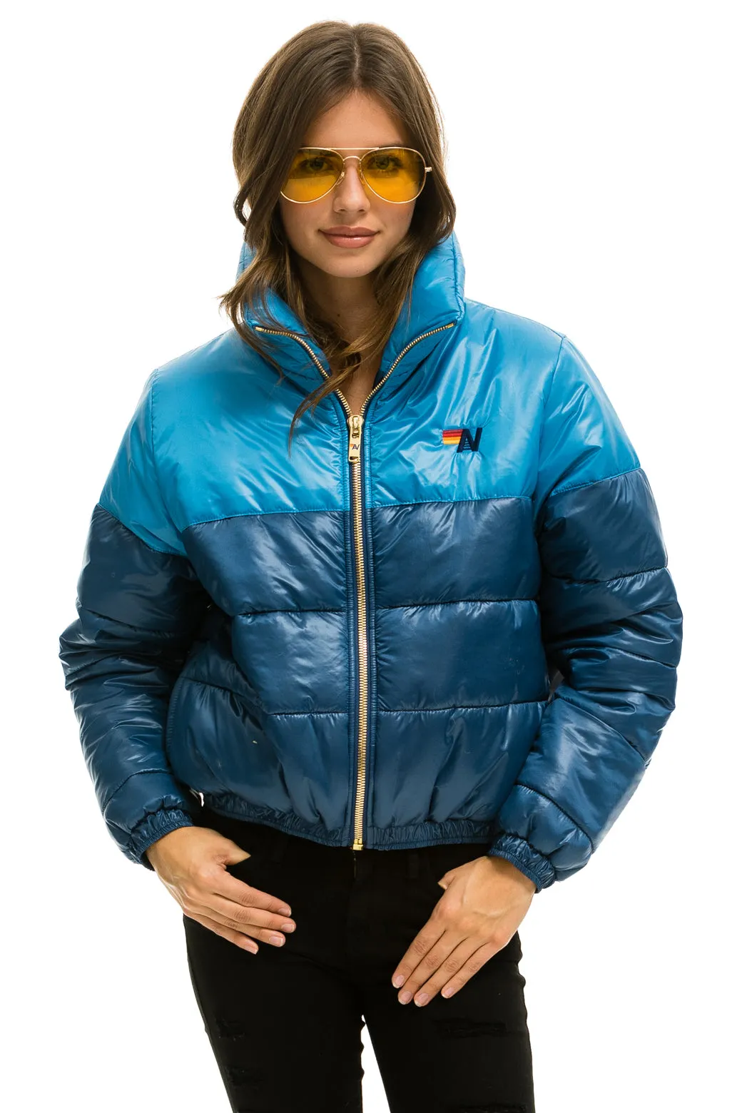 COLOR BLOCK HALF AND HALF APRES PUFFER JACKET - OCEAN GLOSSY