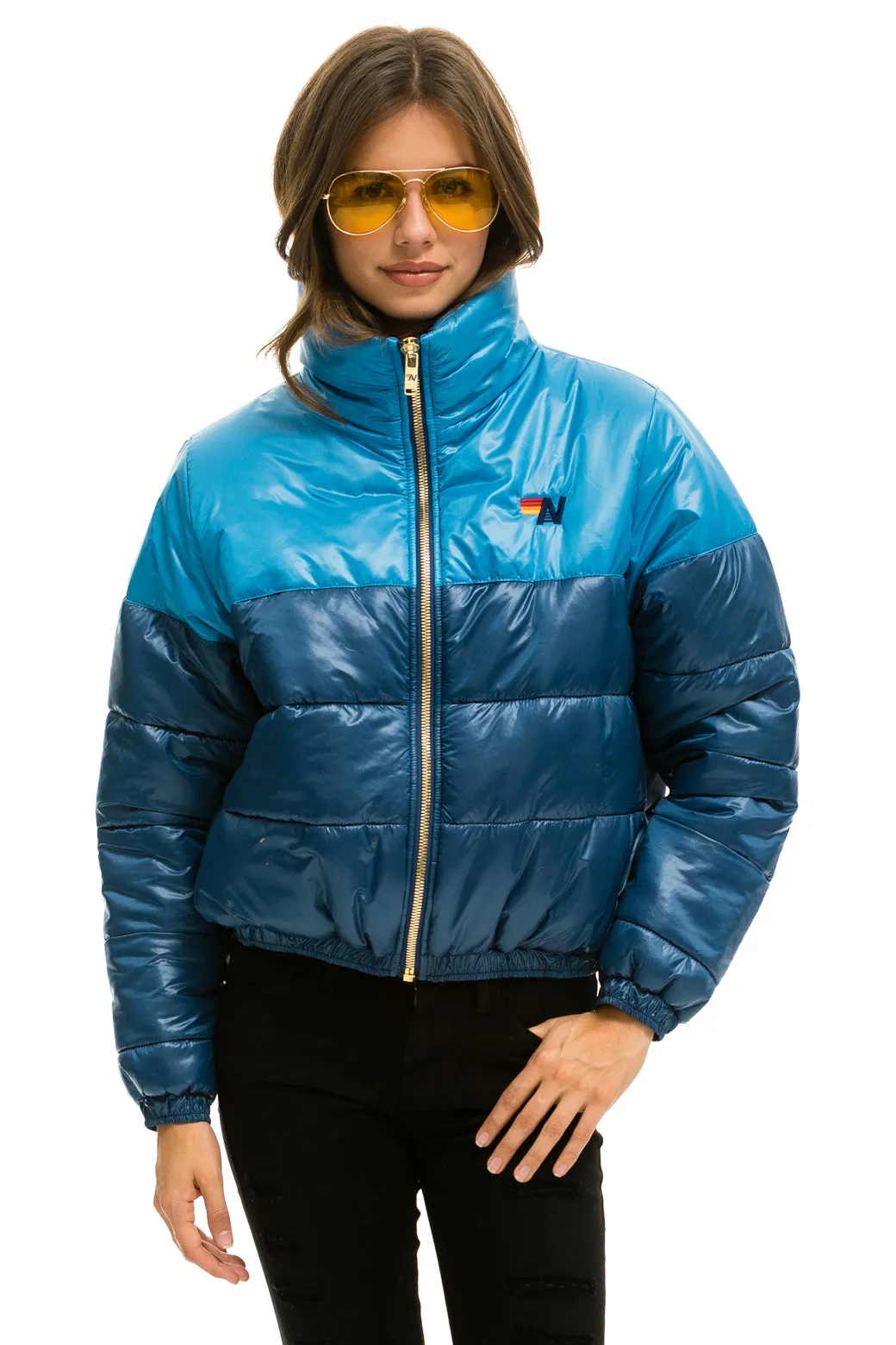 COLOR BLOCK HALF AND HALF APRES PUFFER JACKET - OCEAN GLOSSY