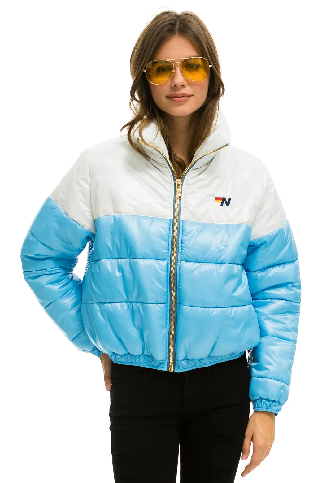 COLOR BLOCK HALF AND HALF APRES PUFFER JACKET - WHITE GLOSSY