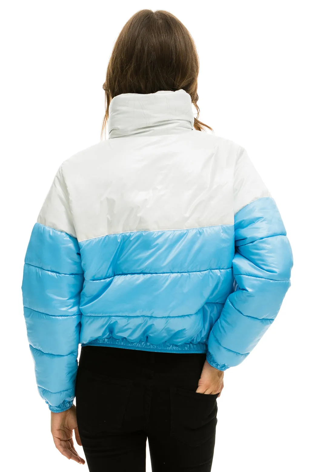 COLOR BLOCK HALF AND HALF APRES PUFFER JACKET - WHITE GLOSSY