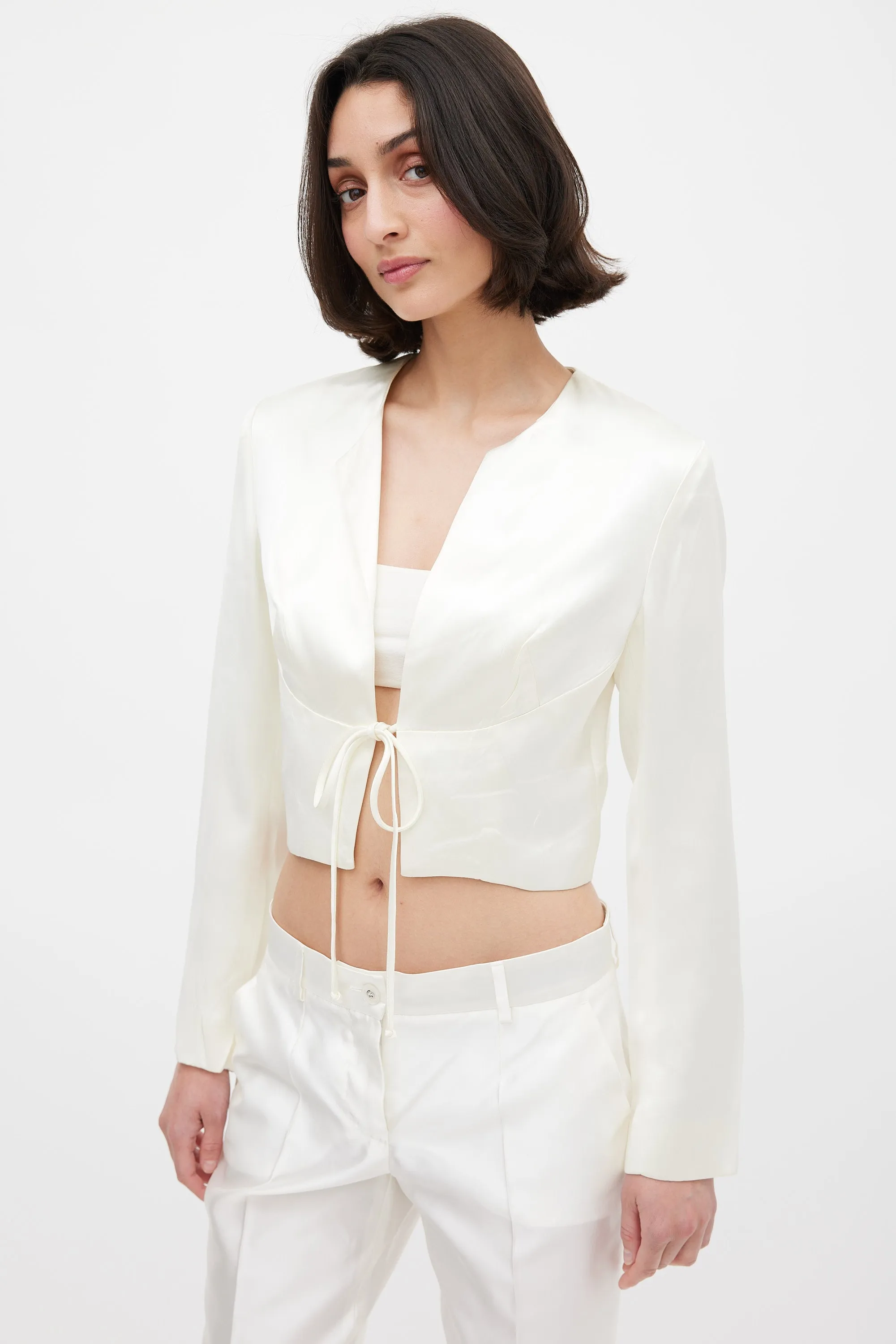 Cream Satin Tie Front Cropped Jacket