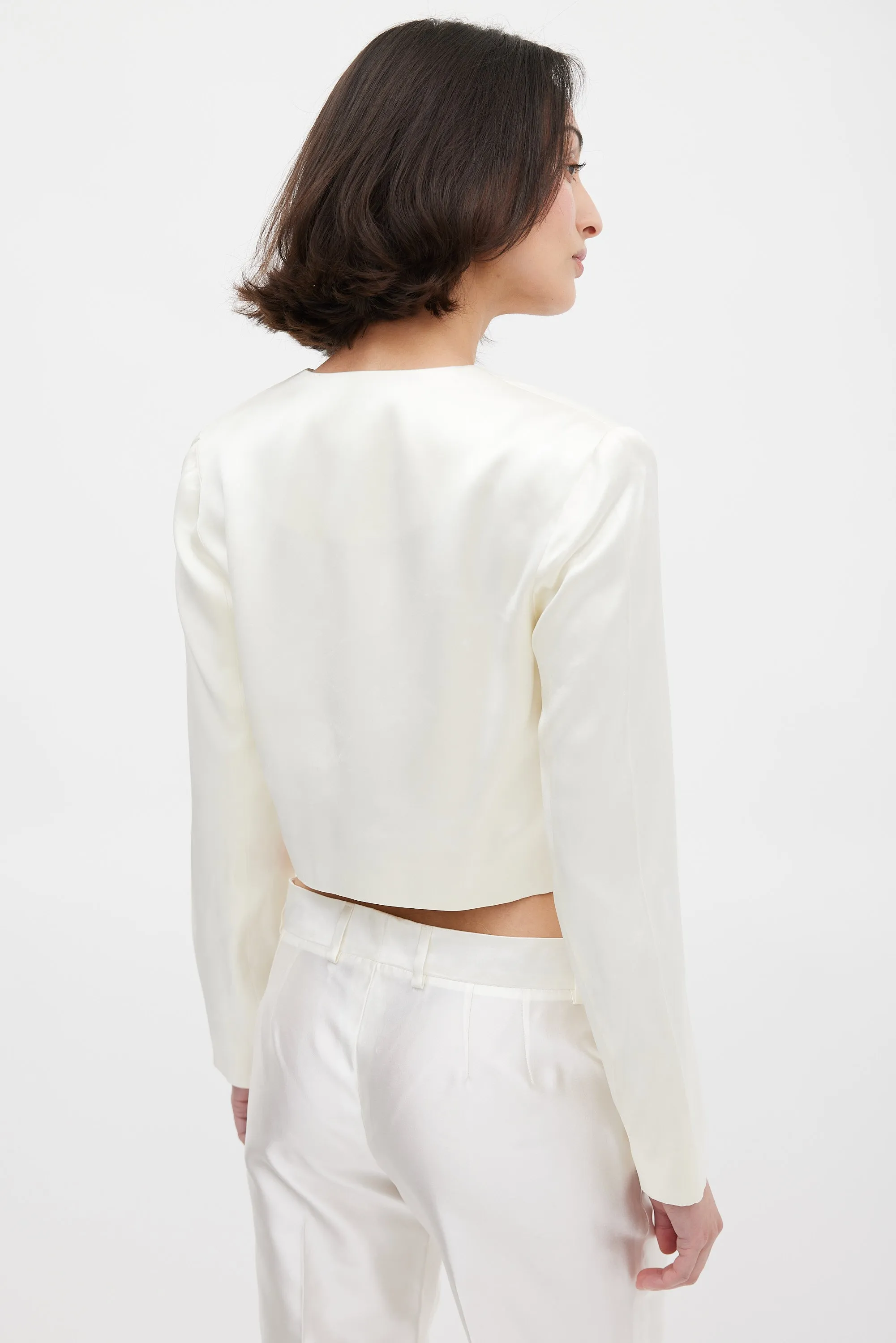 Cream Satin Tie Front Cropped Jacket