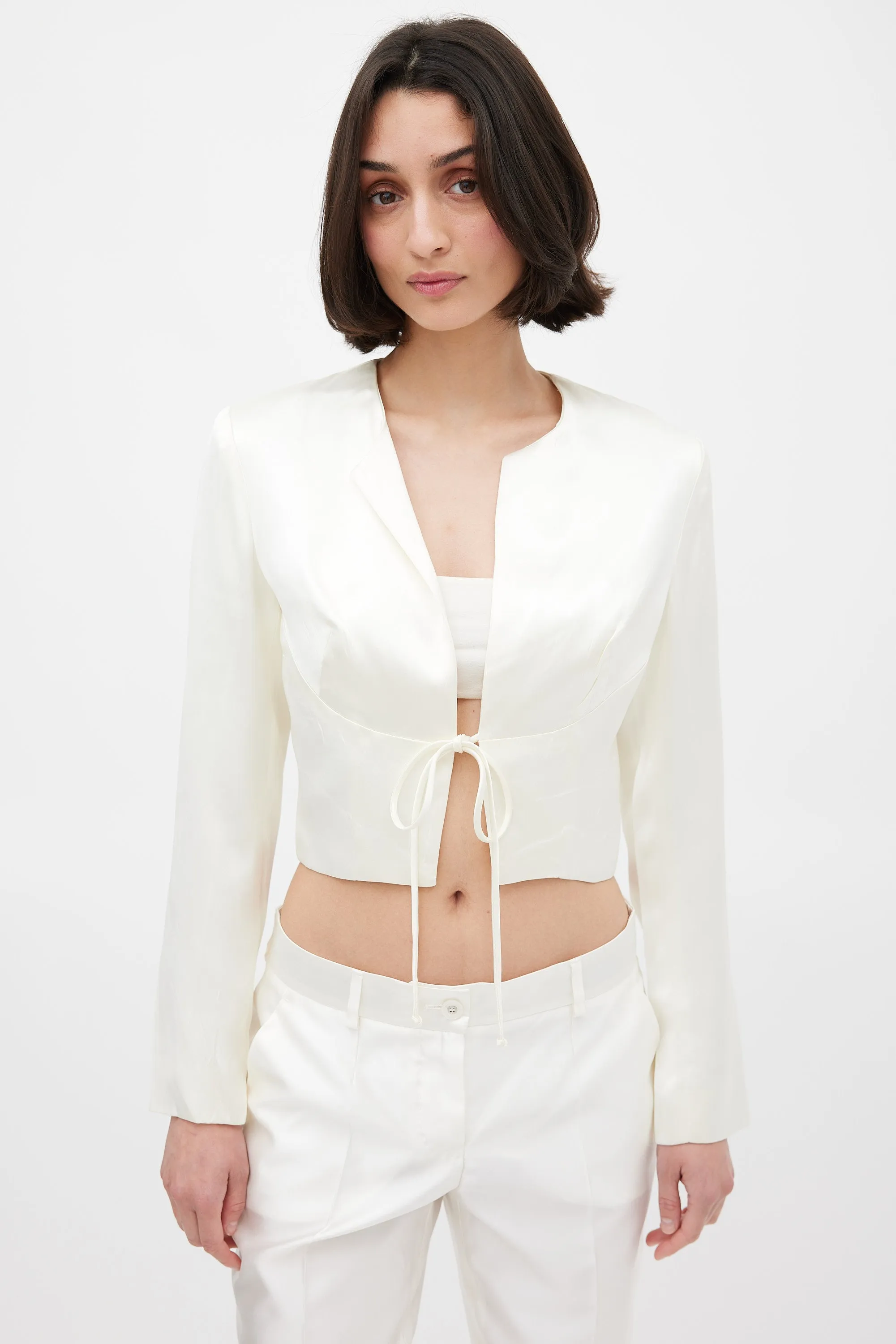 Cream Satin Tie Front Cropped Jacket