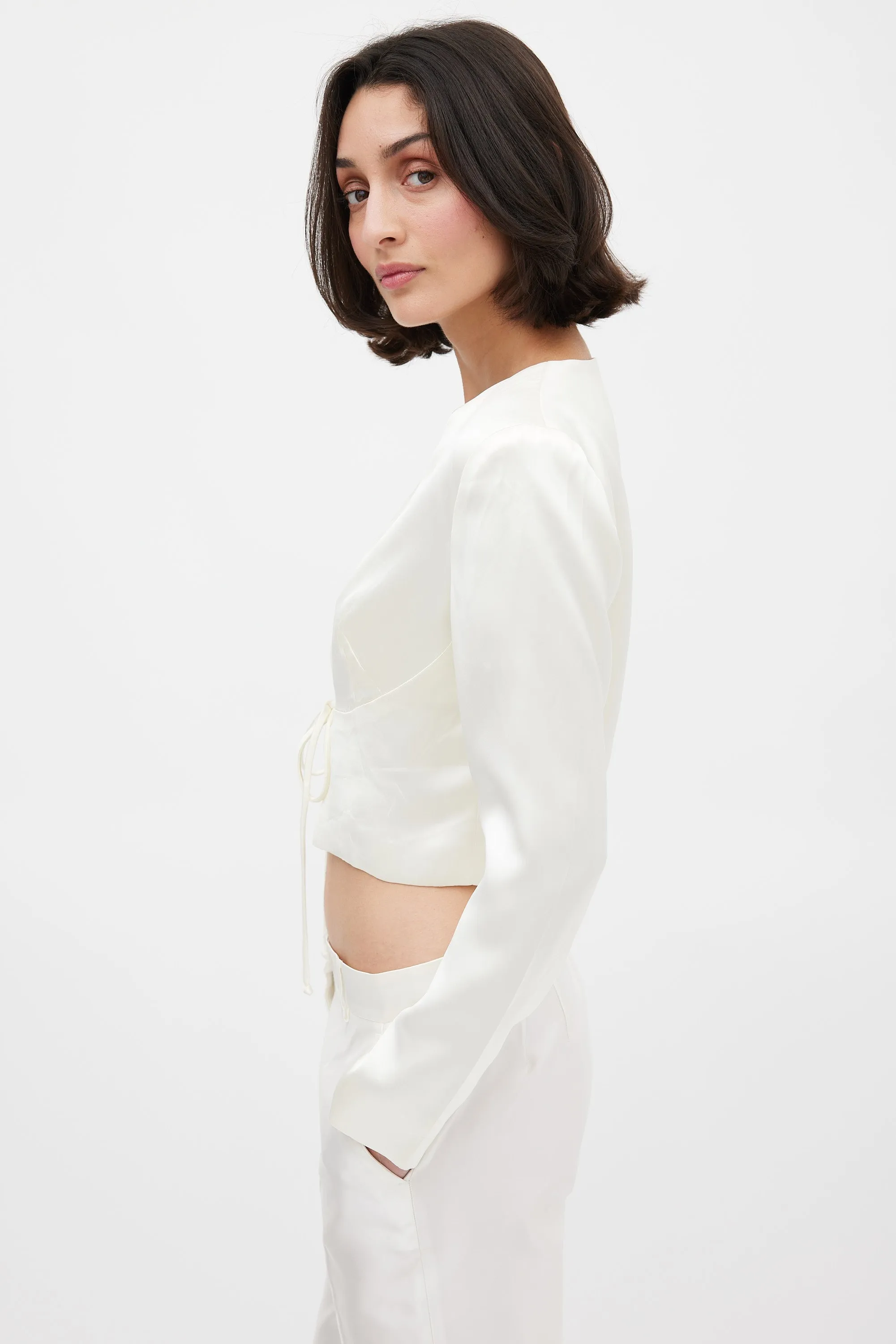 Cream Satin Tie Front Cropped Jacket