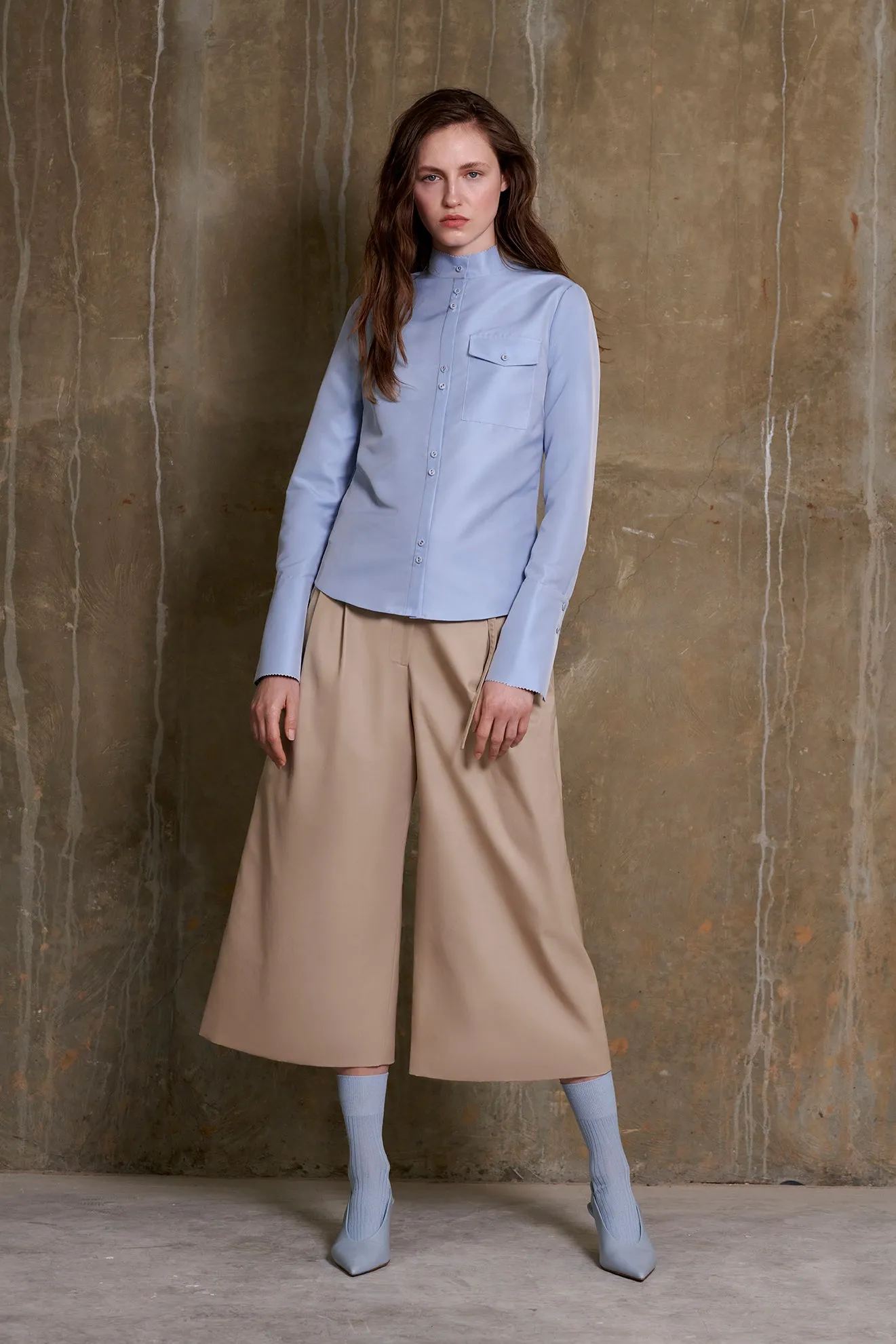 Cropped Wide Leg Pant in Khaki Cotton Suiting