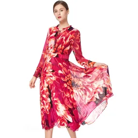 D036 Women flower print chiffon long sleeves pleated midi day dress