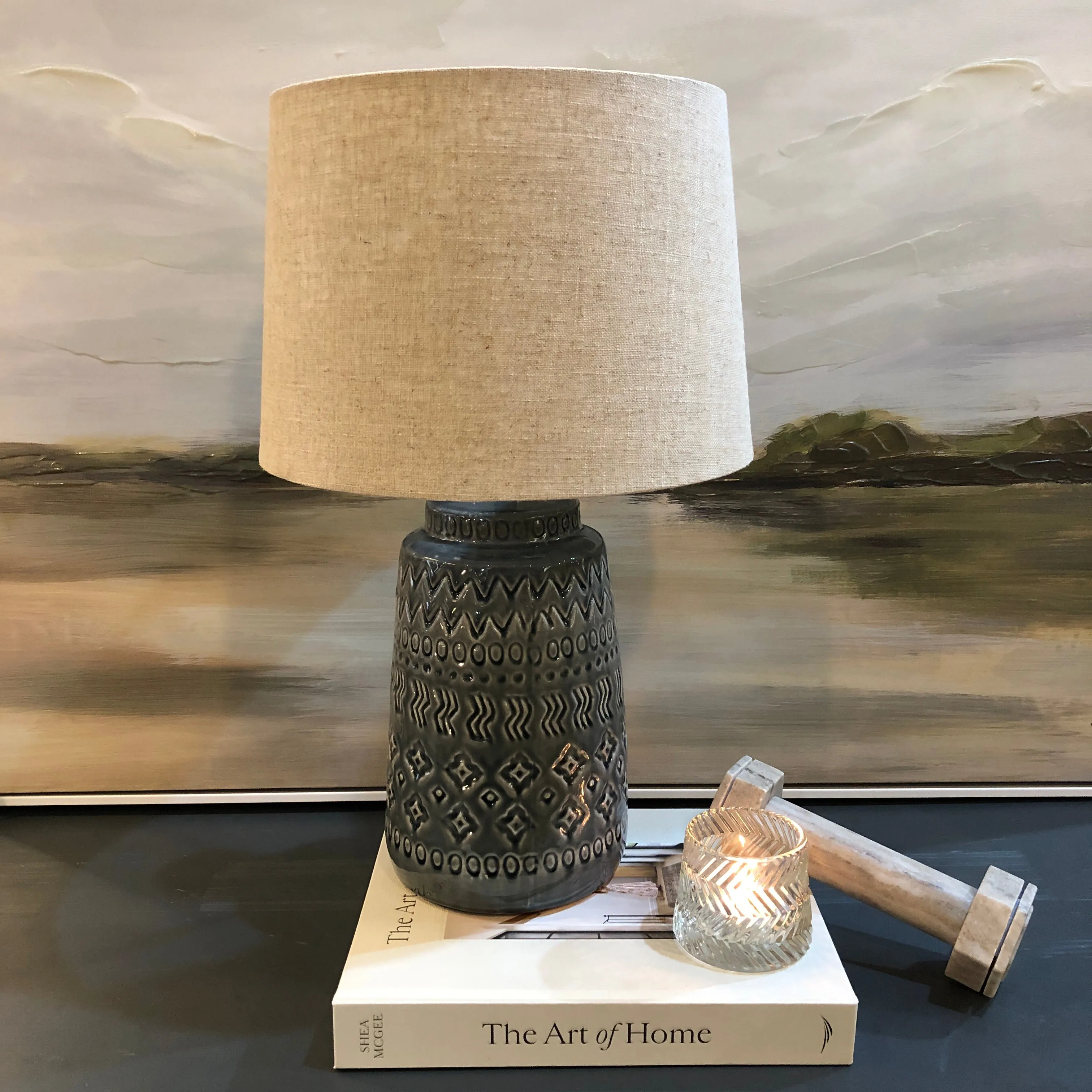 Dark Grey Ceramic Lamp with Linen Shade 51cm