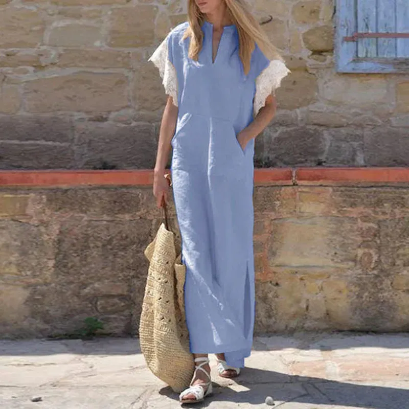 Deep V-neck Cotton Linen Straight Side Slit Dress Pullover Elegant Elegant Dress