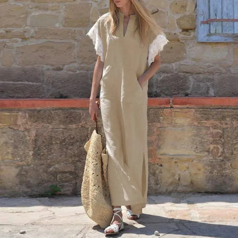 Deep V-neck Cotton Linen Straight Side Slit Dress Pullover Elegant Elegant Dress