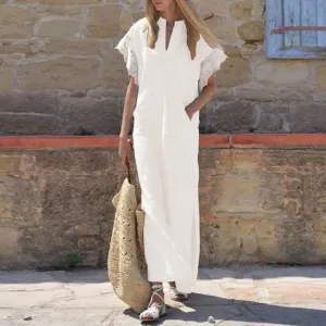 Deep V-neck Cotton Linen Straight Side Slit Dress Pullover Elegant Elegant Dress