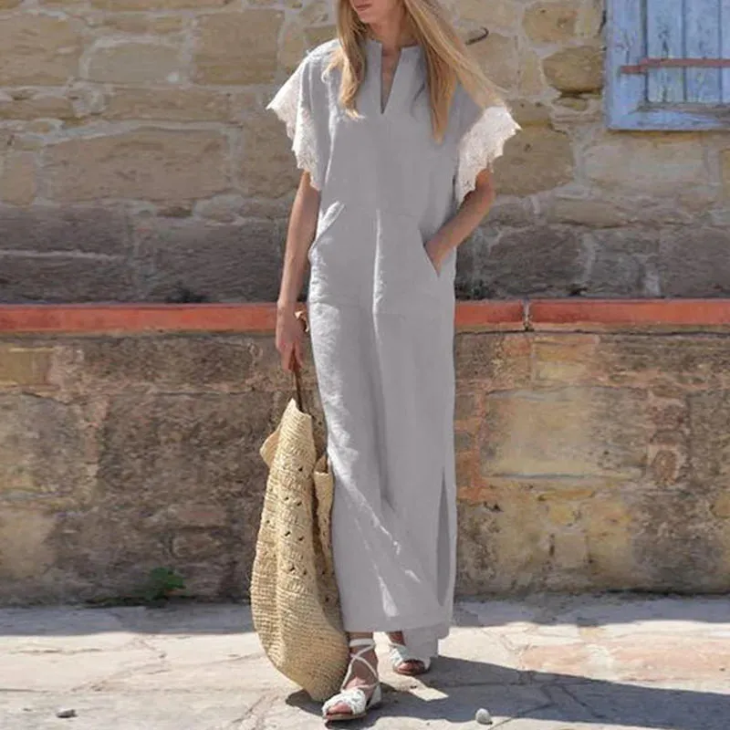 Deep V-neck Cotton Linen Straight Side Slit Dress Pullover Elegant Elegant Dress