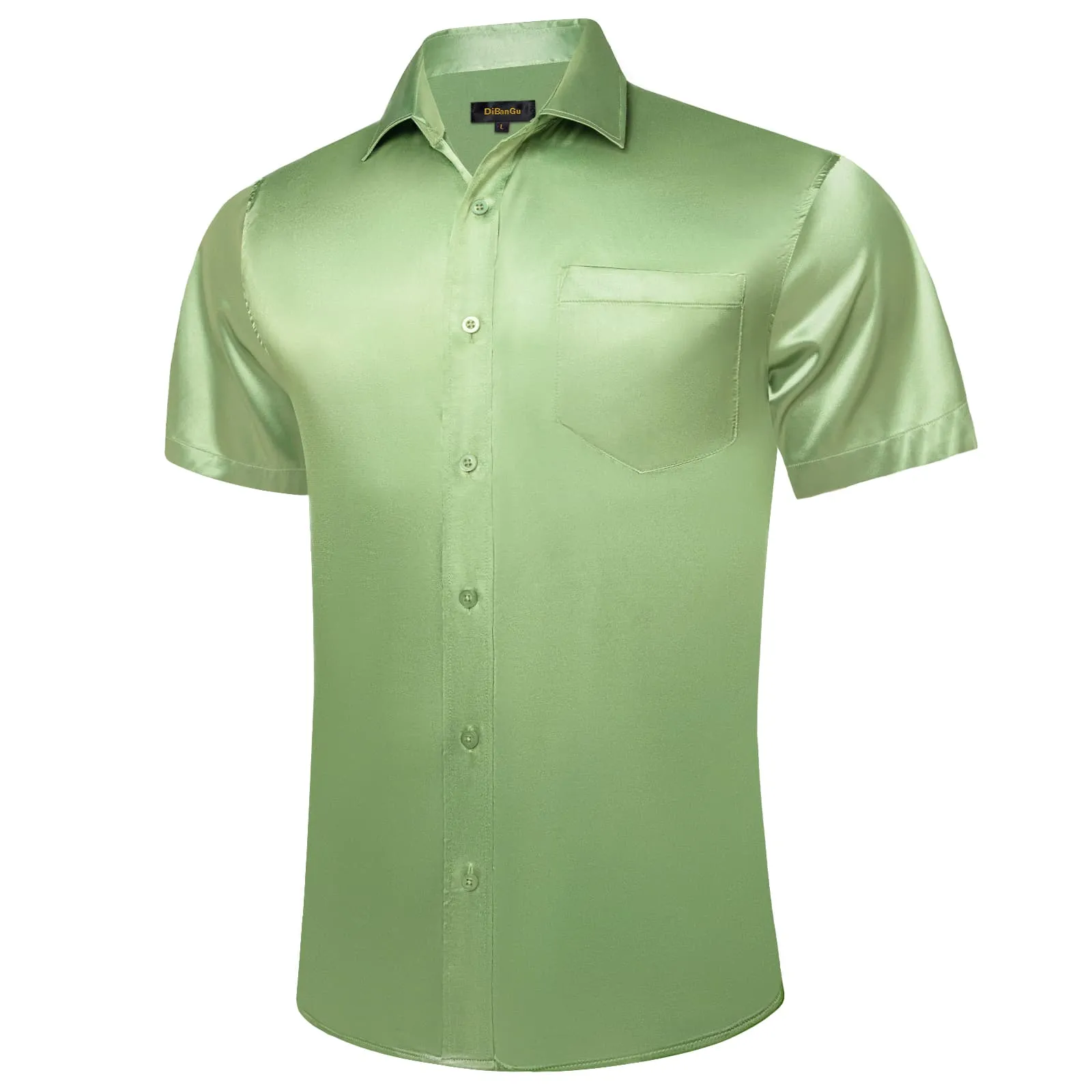 DiBanGu Button Shirt Summer Solid Sage Green Silk Men's Short Sleeve Shirt Top