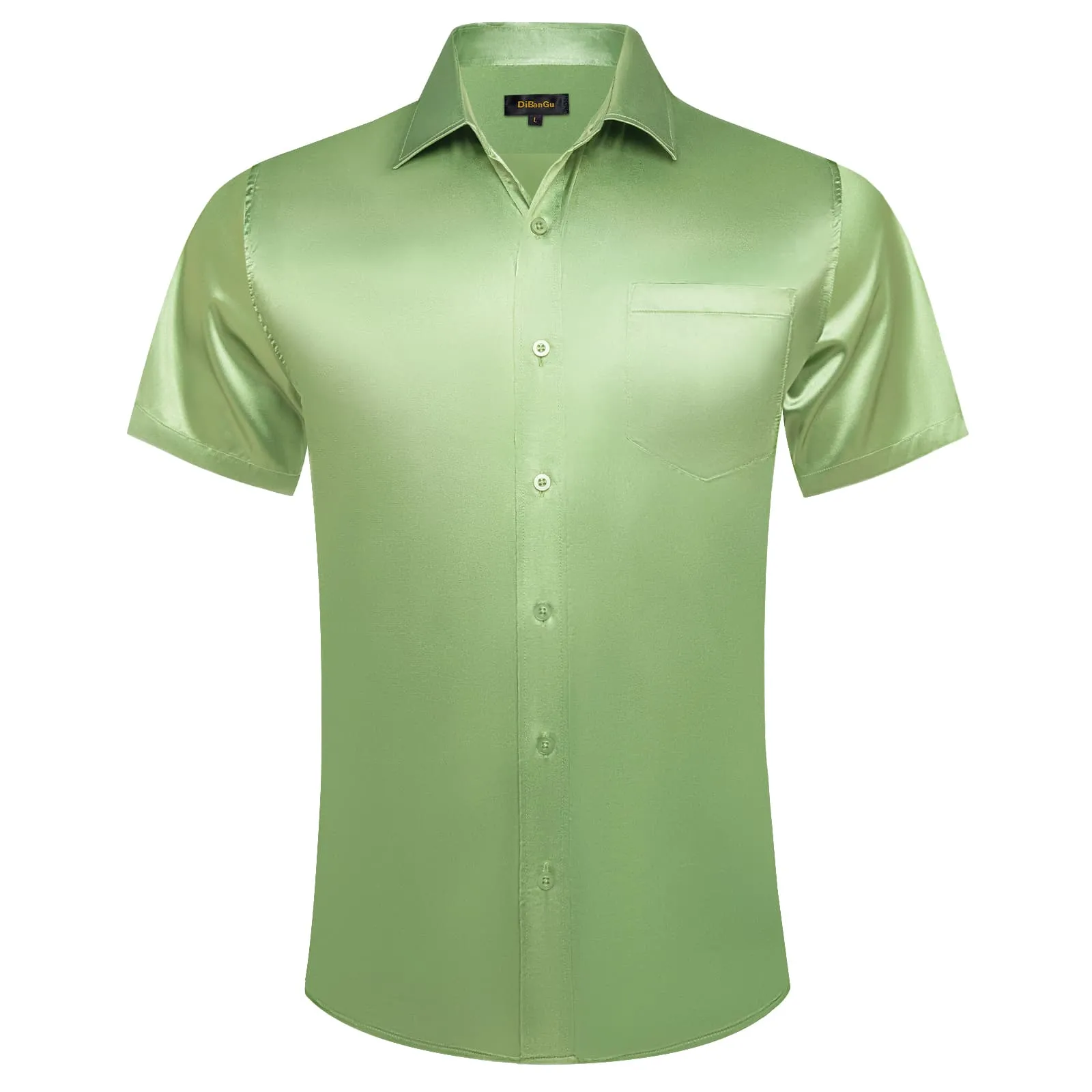 DiBanGu Button Shirt Summer Solid Sage Green Silk Men's Short Sleeve Shirt Top