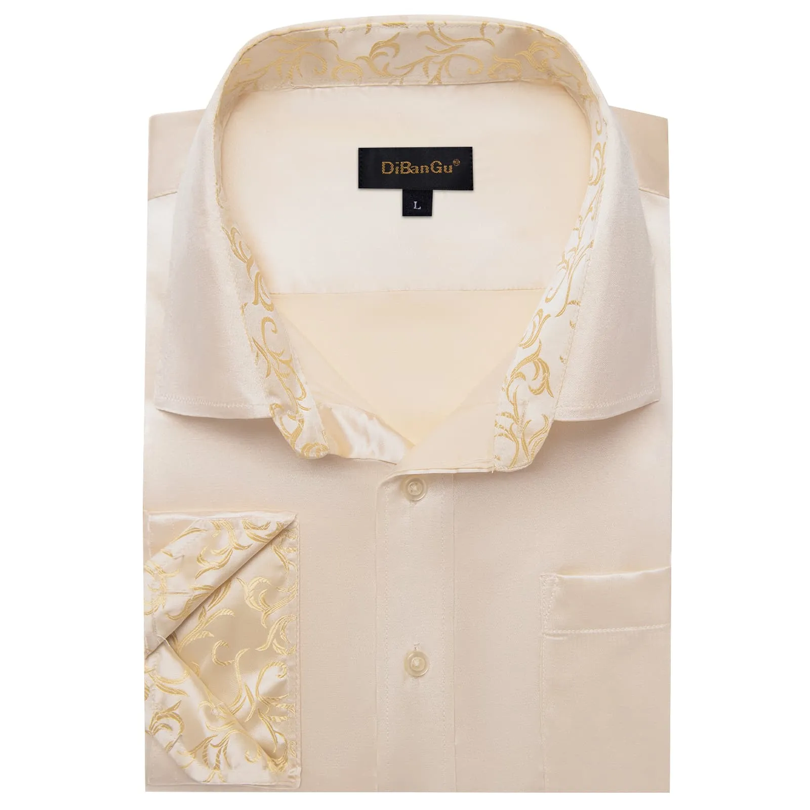 DiBanGu Collar Shirt Antique White Satin Splicing Solid Button Down Shirt for Mens Wedding