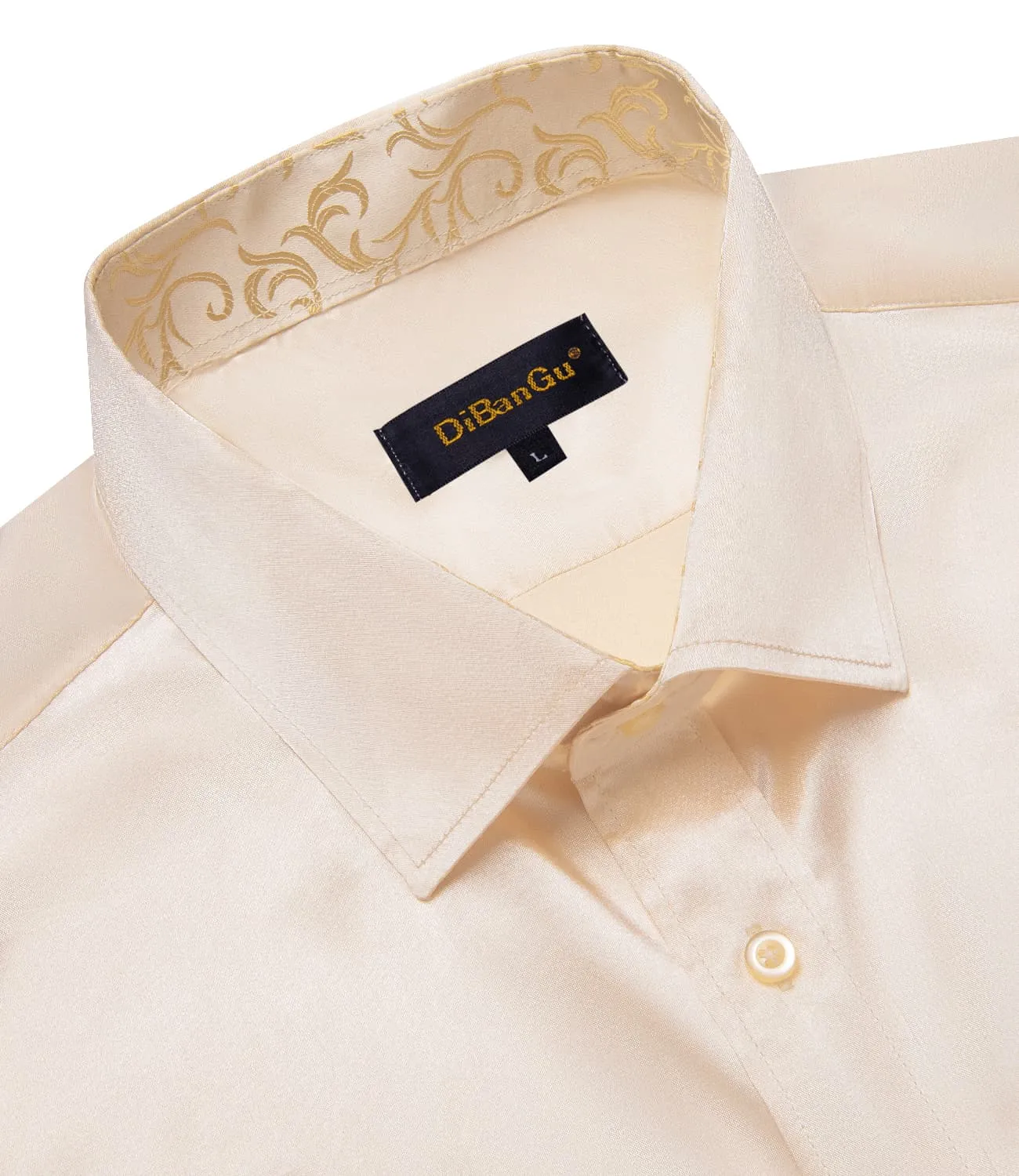 DiBanGu Collar Shirt Antique White Satin Splicing Solid Button Down Shirt for Mens Wedding