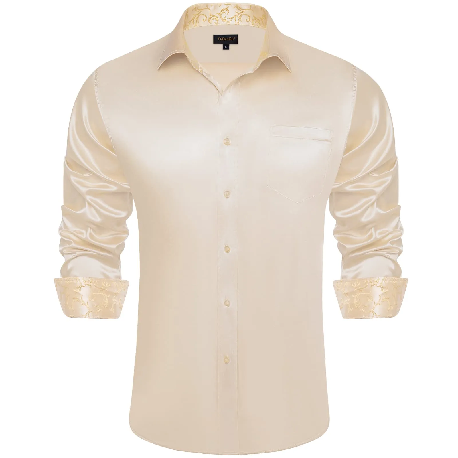 DiBanGu Collar Shirt Antique White Satin Splicing Solid Button Down Shirt for Mens Wedding