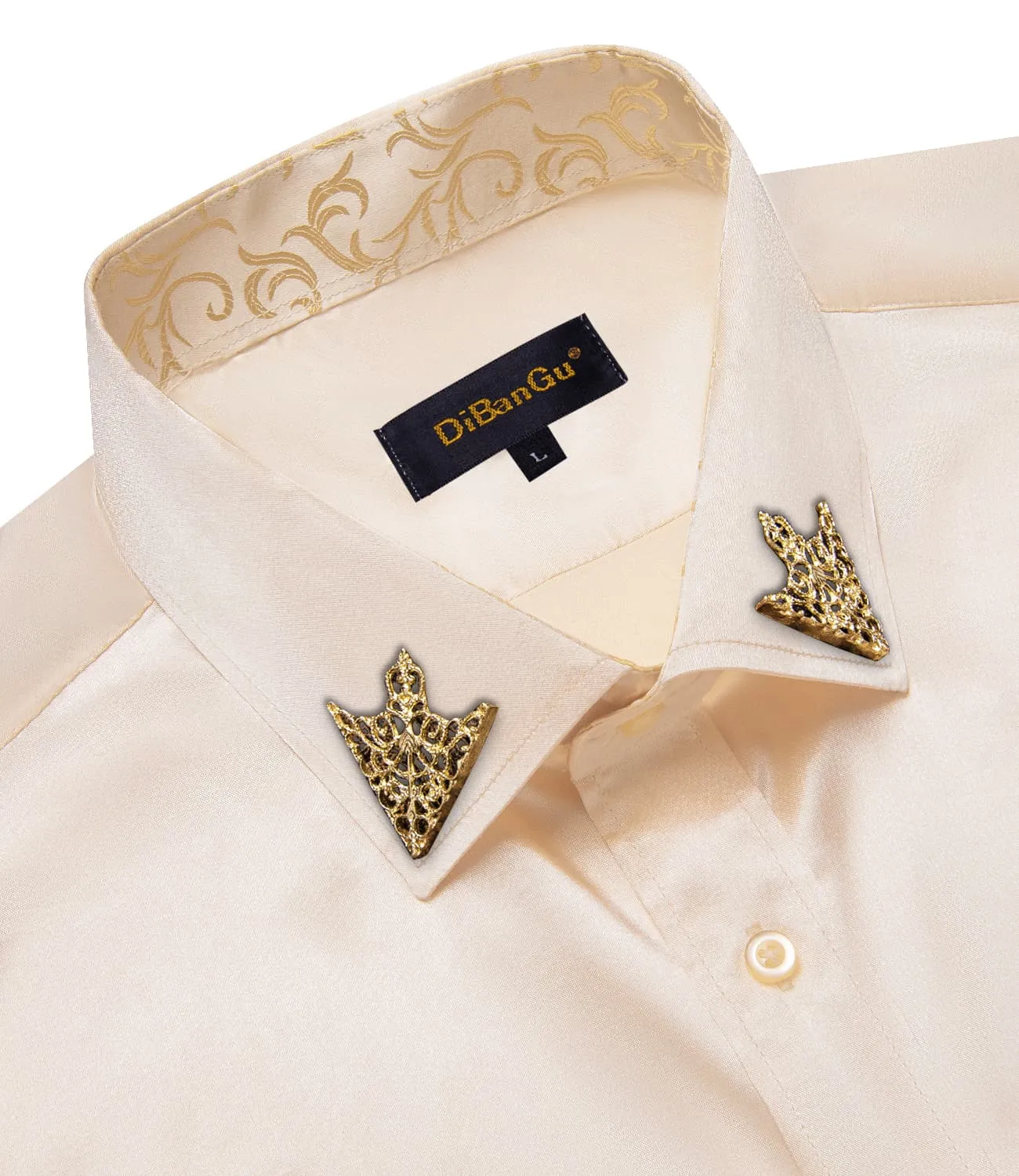 DiBanGu Collar Shirt Antique White Satin Splicing Solid Button Down Shirt for Mens Wedding