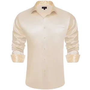 DiBanGu Collar Shirt Antique White Satin Splicing Solid Button Down Shirt for Mens Wedding