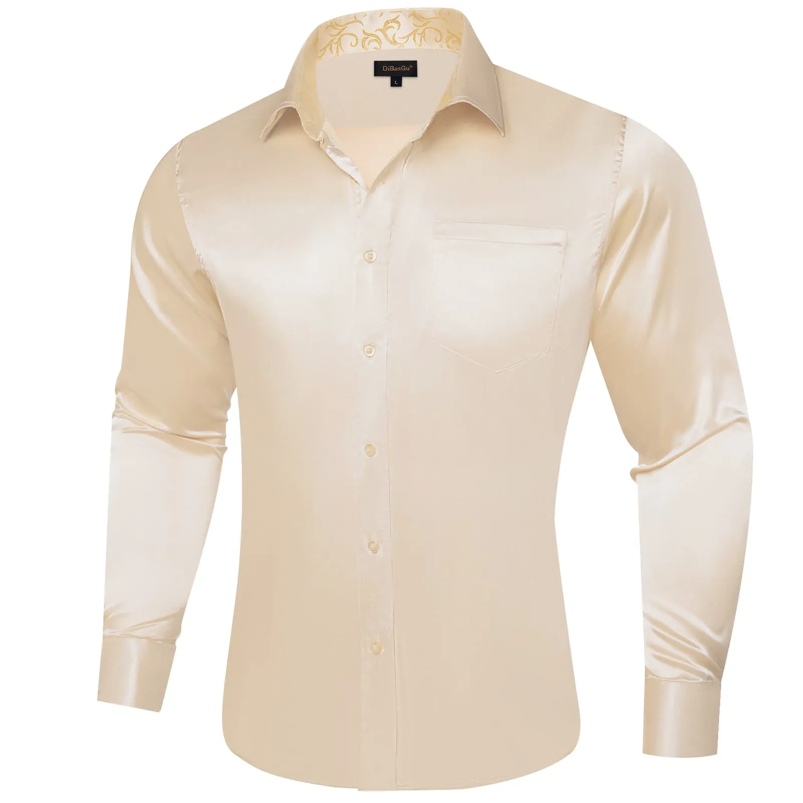 DiBanGu Collar Shirt Antique White Satin Splicing Solid Button Down Shirt for Mens Wedding