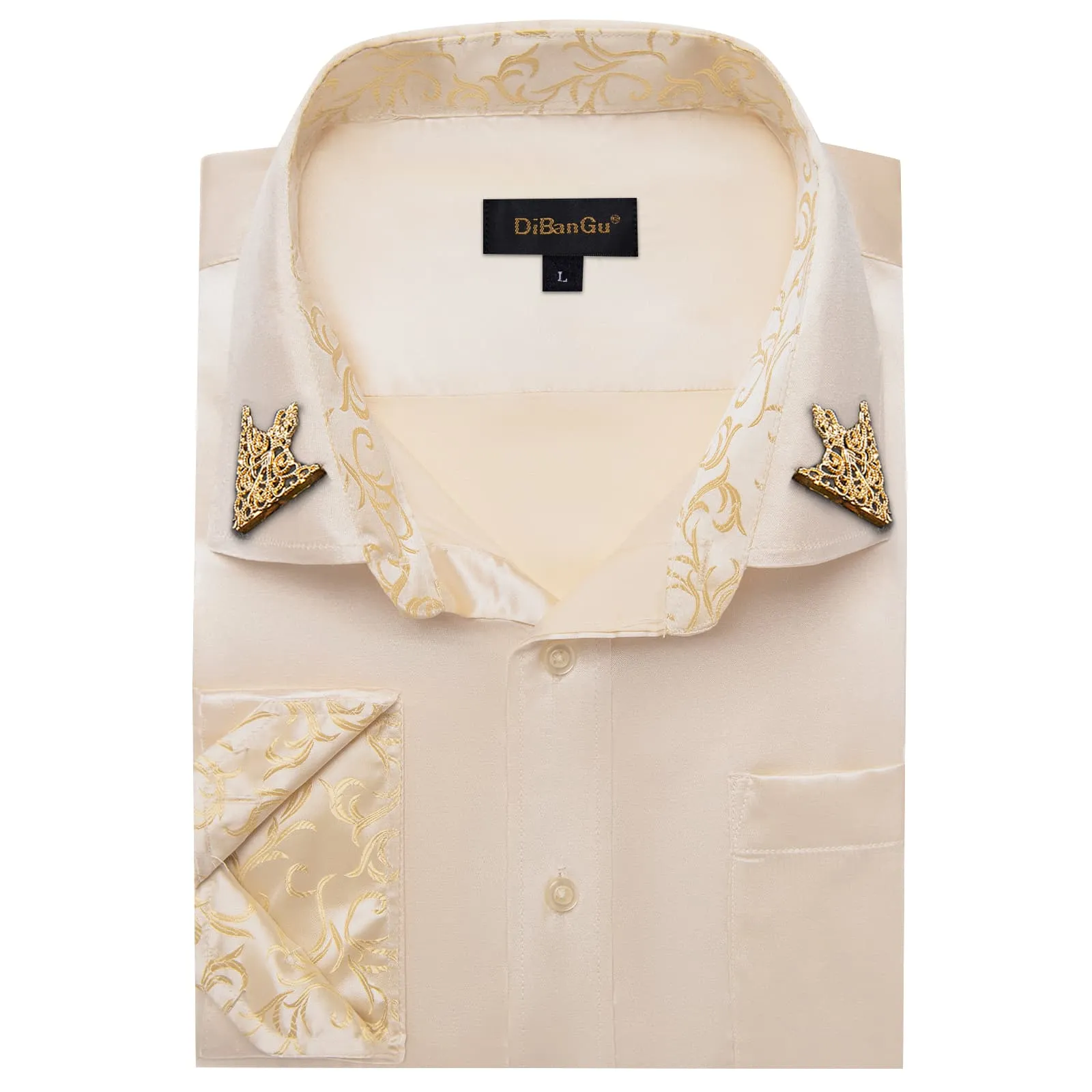 DiBanGu Collar Shirt Antique White Satin Splicing Solid Button Down Shirt for Mens Wedding