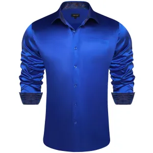 DiBanGu Collar Shirt Cerulean Blue Satin Splicing Solid Button Down Mens Shirt Design