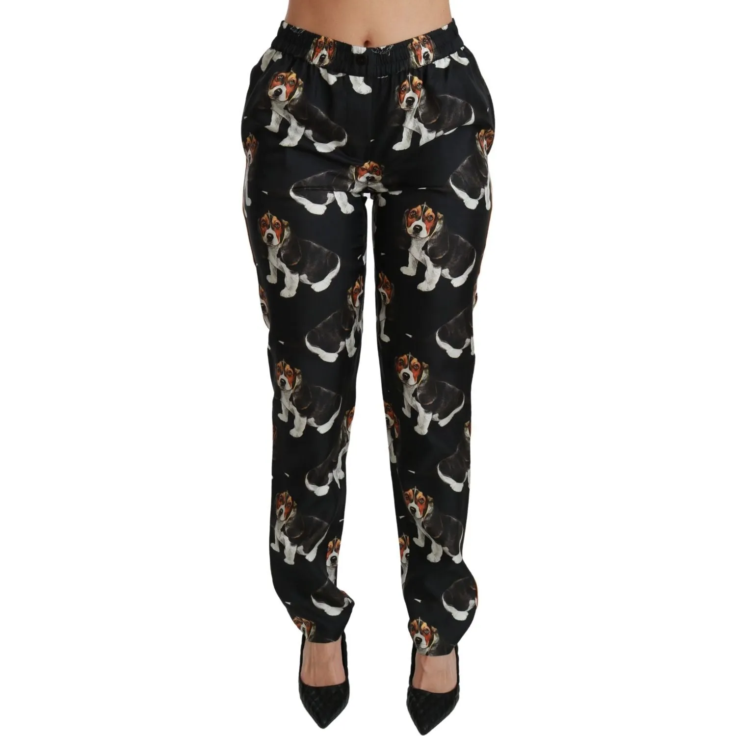 Dolce & Gabbana Elegant Silk Puppy Dog Print Pants