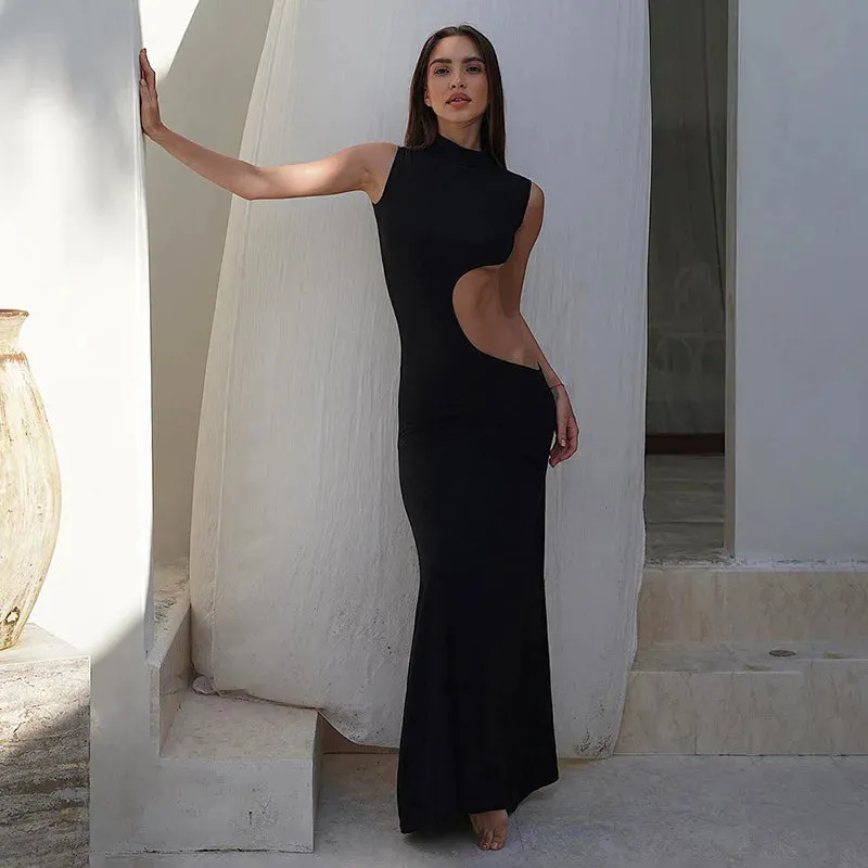 Elegant Black Hollow Out Sleeveless Bodycon Maxi Dress