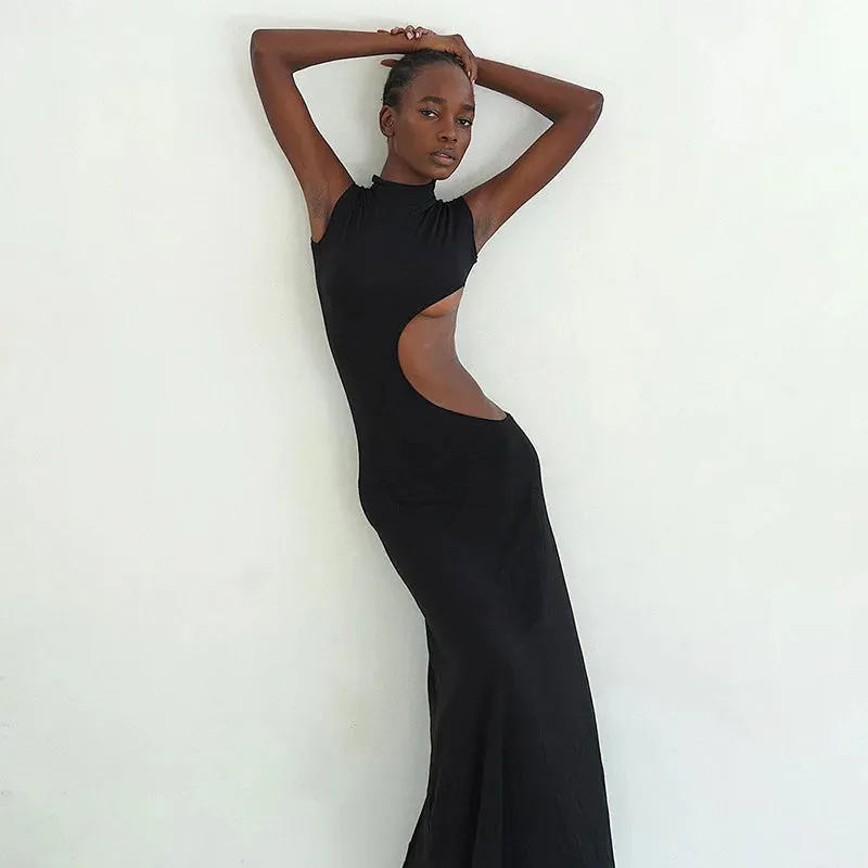 Elegant Black Hollow Out Sleeveless Bodycon Maxi Dress