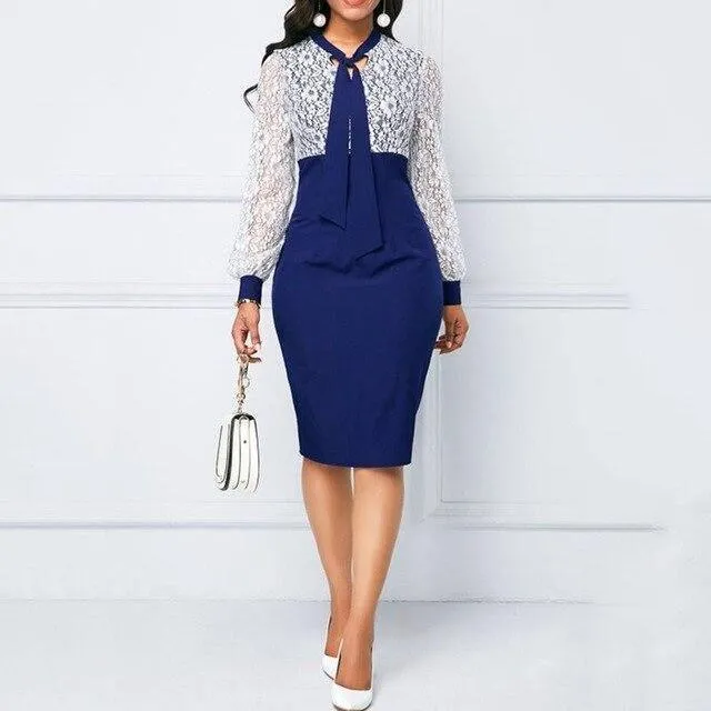 Elegant Blue Lace Puff Sleeve Dress For Women