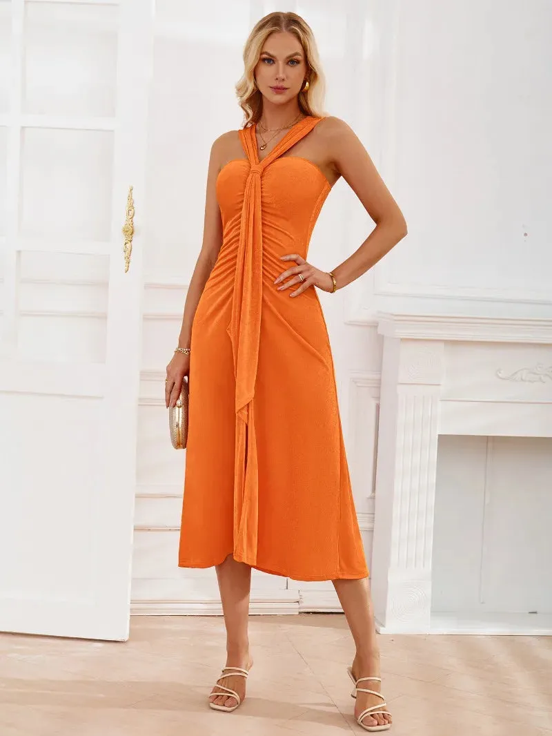 Elegant High Waist Off Shoulder Pleated Midi Dress