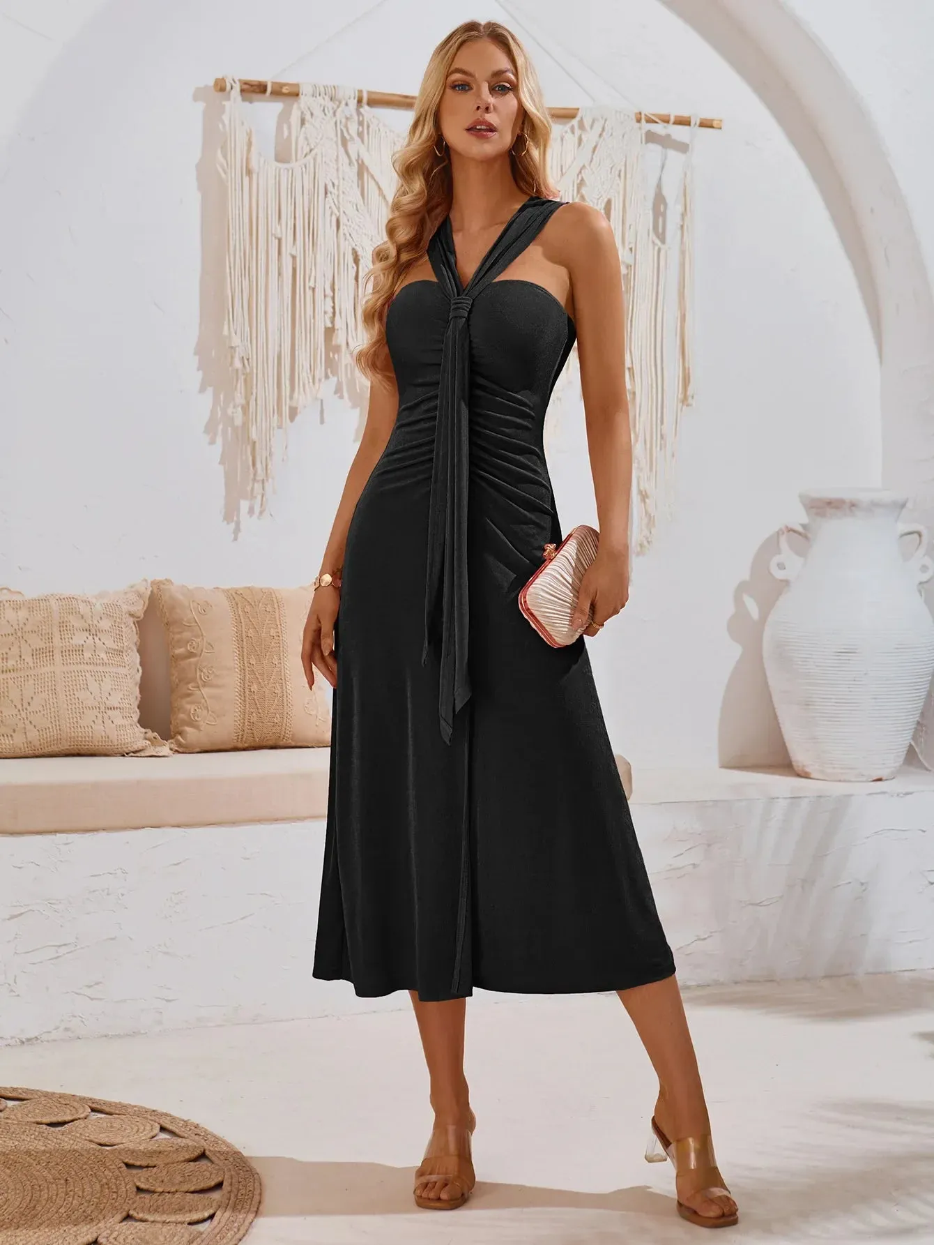 Elegant High Waist Off Shoulder Pleated Midi Dress